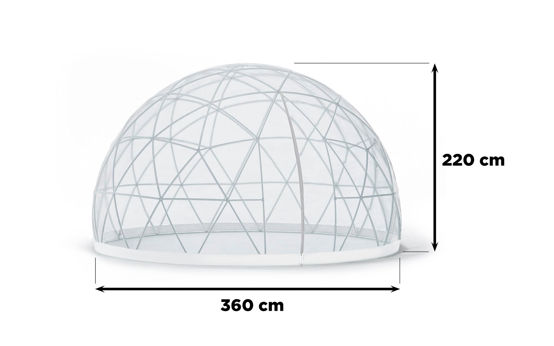 Garden Igloo hat einen Durchmesser von 360 cm und eine Höhe von max. 220 cm. Zwei Fenster sorgen für die optimale Belüftung.